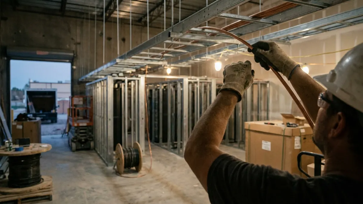 Editorial image: Electricians wiring data center shell - Construction Wages Rise 4.2% as Data Centers Pull Specialty Trade Hiring