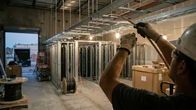 Editorial image: Electricians wiring data center shell - Construction Wages Rise 4.2% as Data Centers Pull Specialty Trade Hiring