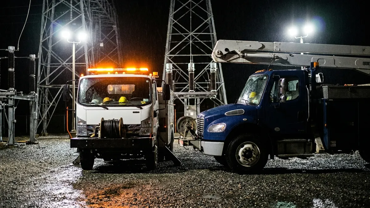 Editorial image: Two utility trucks, substation night - Emera to Acquire Canadian Utilities in $72B Merger of Equals