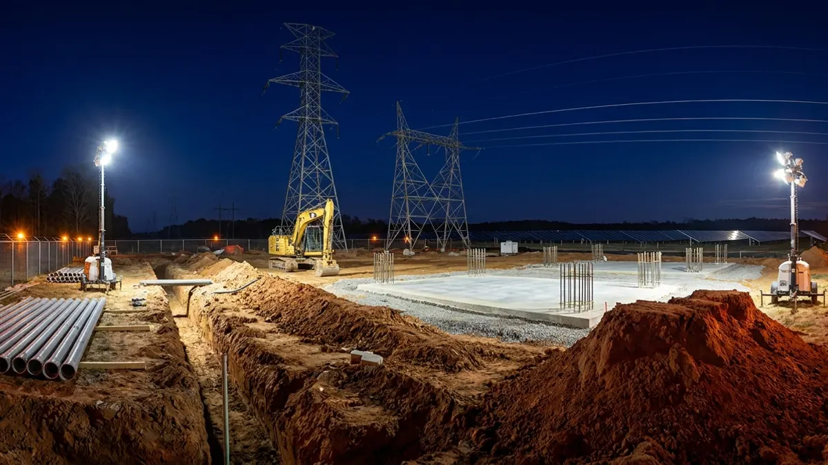 Editorial image: Night substation grid buildout - EnergyRe Closes $815M for 360 MW of SC Solar as Duke Starts Grid Work