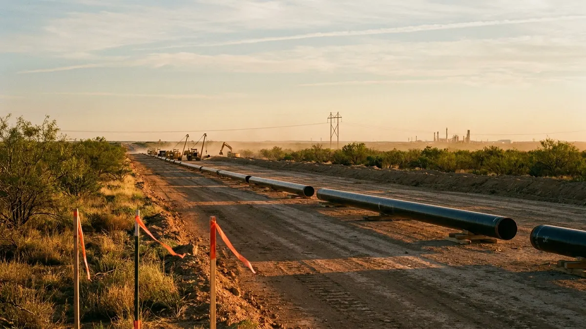 Editorial image: Permian right-of-way staged pipe - Kinder Morgan Approves $4.7B for Permian Link, Southeast Connector Pipelines