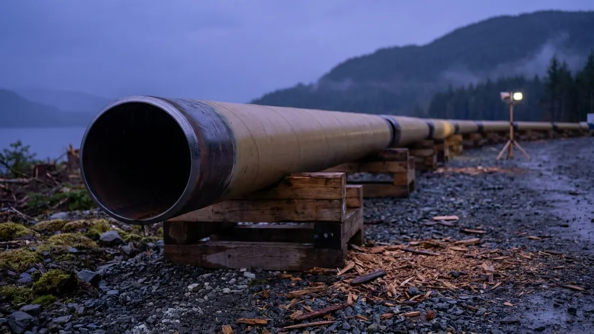 Editorial image: Staged LNG pipe at dusk - Ksi Lisims Locks In 20-Year SEFE LNG Deal as FID Window Narrows