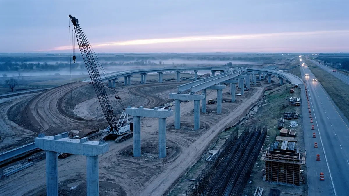 Editorial image: Interchange bridge piers at dawn - Newcastle Interchange Breaks Ground on Toby Keith Expressway