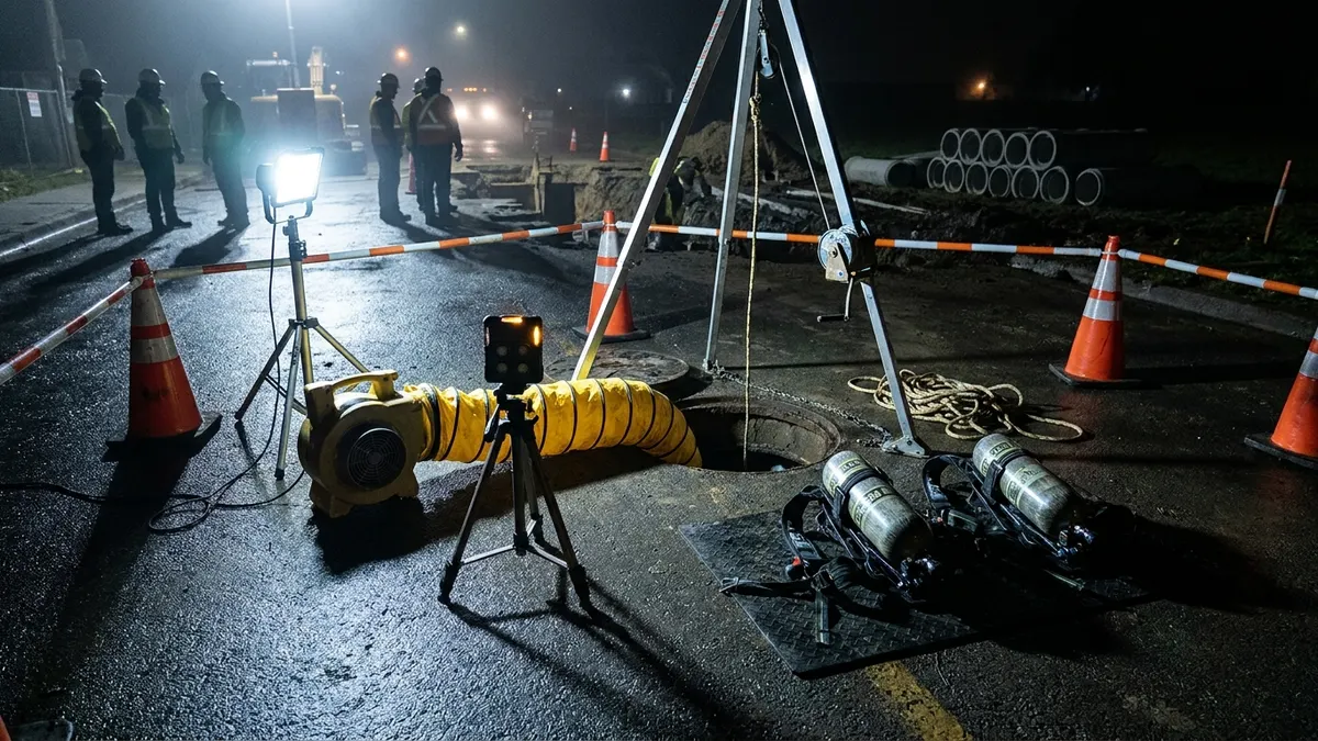 Editorial image: Night manhole gas testing setup - OSHA H2S Reminder: Test Air, Ventilate, Use SCBA Above 100 ppm
