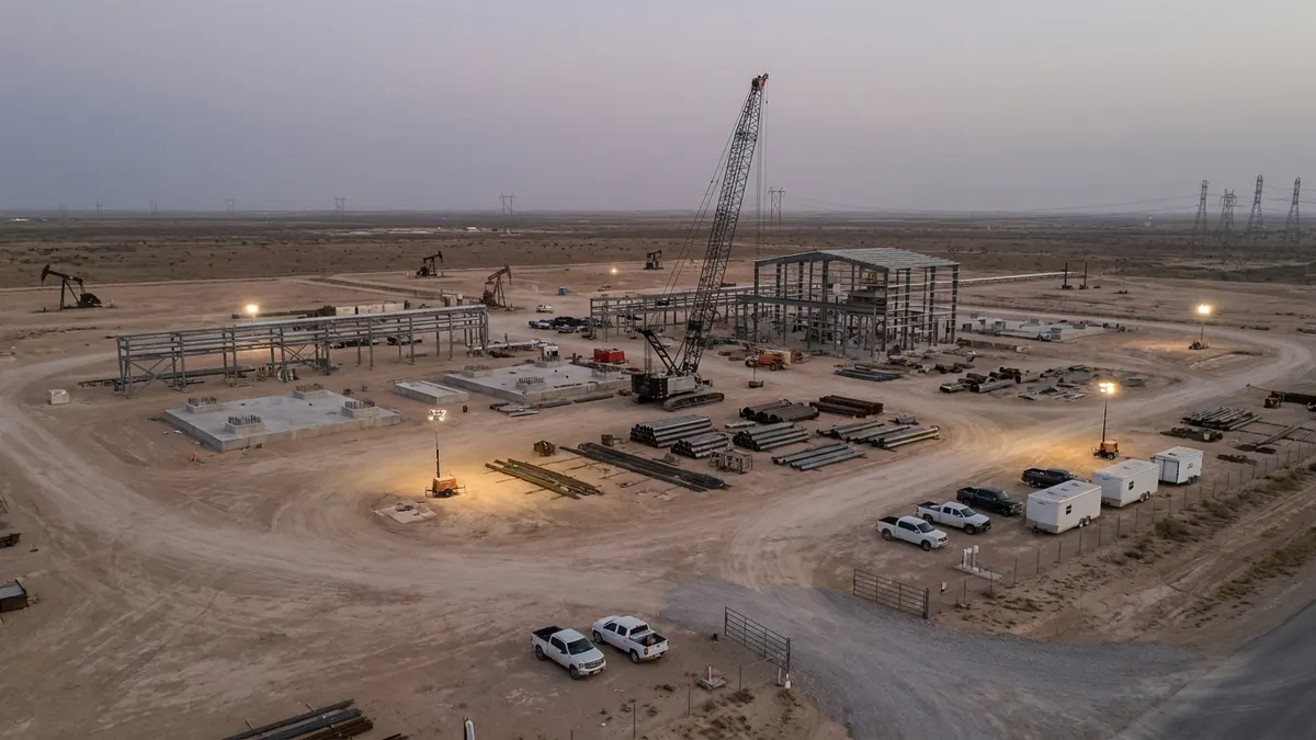 Editorial image: Pecos gas plant construction aerial - Texas Energy Fund Backs 450-MW Gas Plant in Pecos, Reeves County
