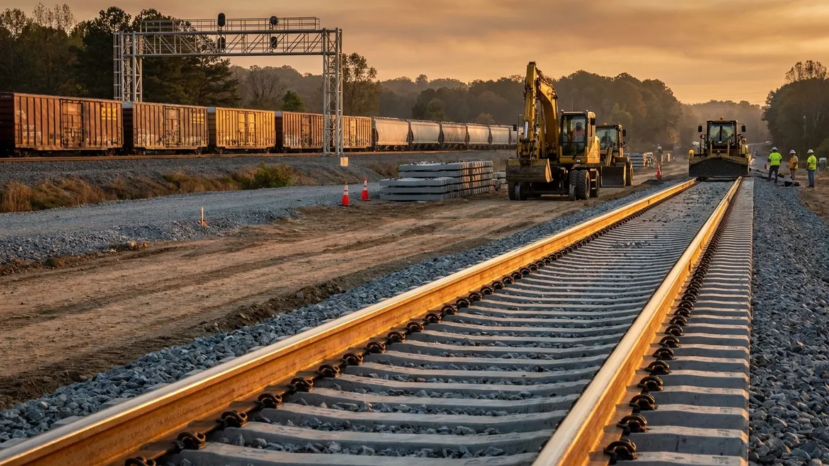 Editorial image: Rail corridor construction, golden light - US DOT Commits $550M to S-Line Rail Between Raleigh and Richmond