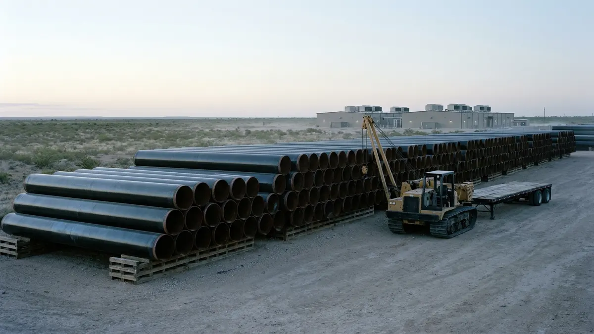 Editorial image: Coated pipe stacks, data center - Welspun Wins $580M Pipe Order for Permian Gas Line Feeding Data Center