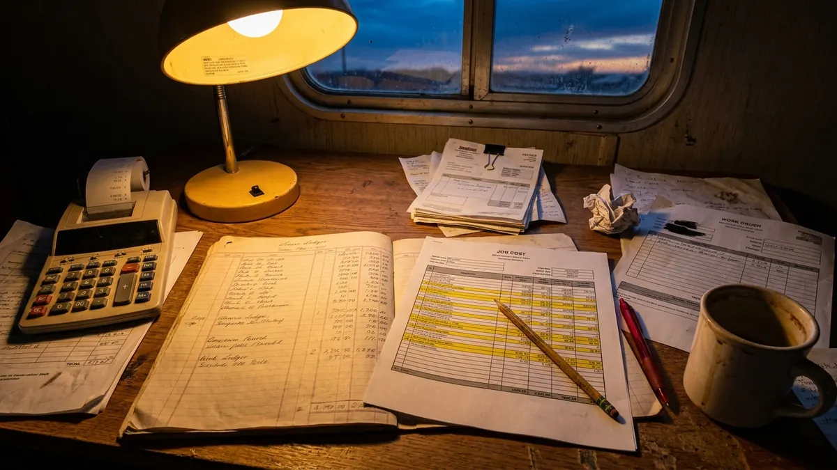Editorial image: Job cost ledger at dawn - Job Costing for Field Service Companies: How to Know If You're Actually Making Money