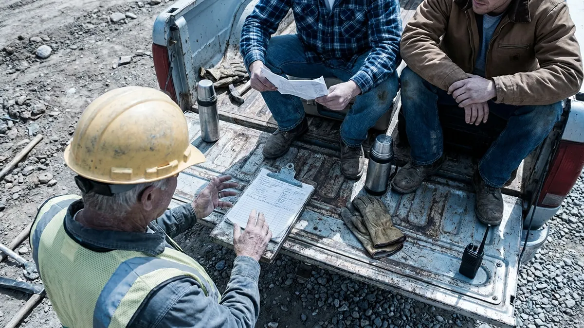 Editorial image: Foreman mentoring crew at tailgate - How to Promote Field Leaders Without Losing Your Best Hands: Foreman and Supervisor Development for Growing Subcontractors